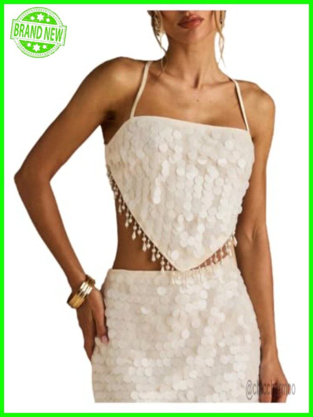 Sequin Beaded Fringe Halter Crop Top Backless Sparkly Party Cami